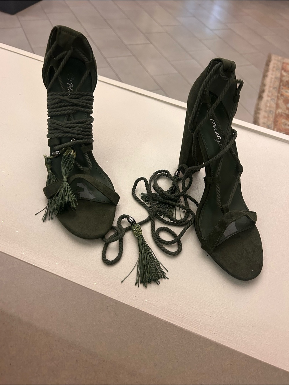 Olive Green Lace-Up Tassel Heeled Sandals 10